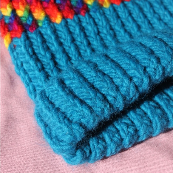 EUC Hand-Crocheted Turquoise/Rainbow Winter Beanie Hat - Picture 4 of 5